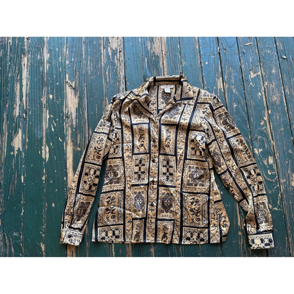 Susan Hutton Gold Black Baroque Medallion Print Button Down‎ Blouse Vtg Style 6